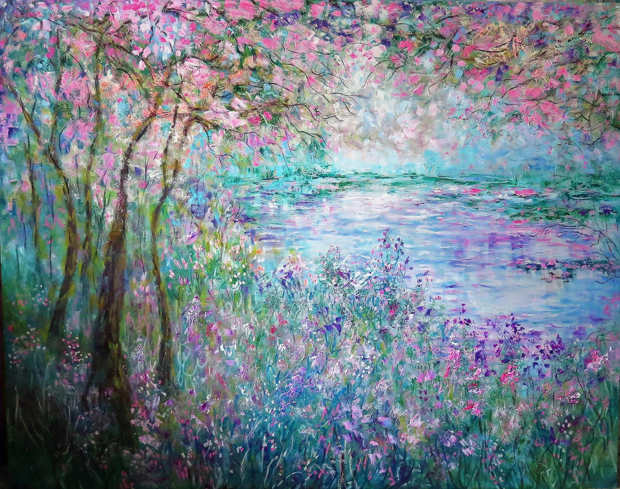 Fleur de cerisier fleurs sauvages étang arbres décor de jardin paysage art mural nature paysage Peintures à l'huile